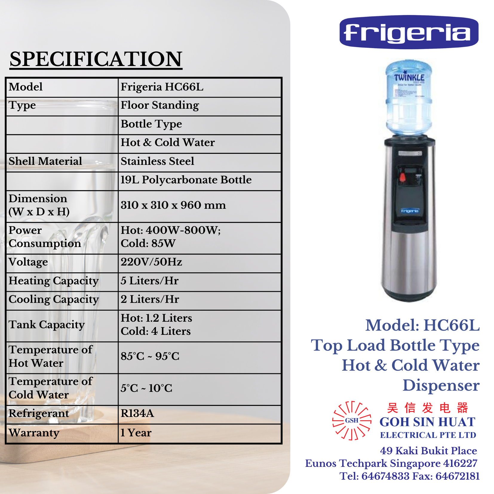 Frigeria HC66L Floor Standing Bottle Water Dispenser - FOC 5 bottles Oxygenated Water