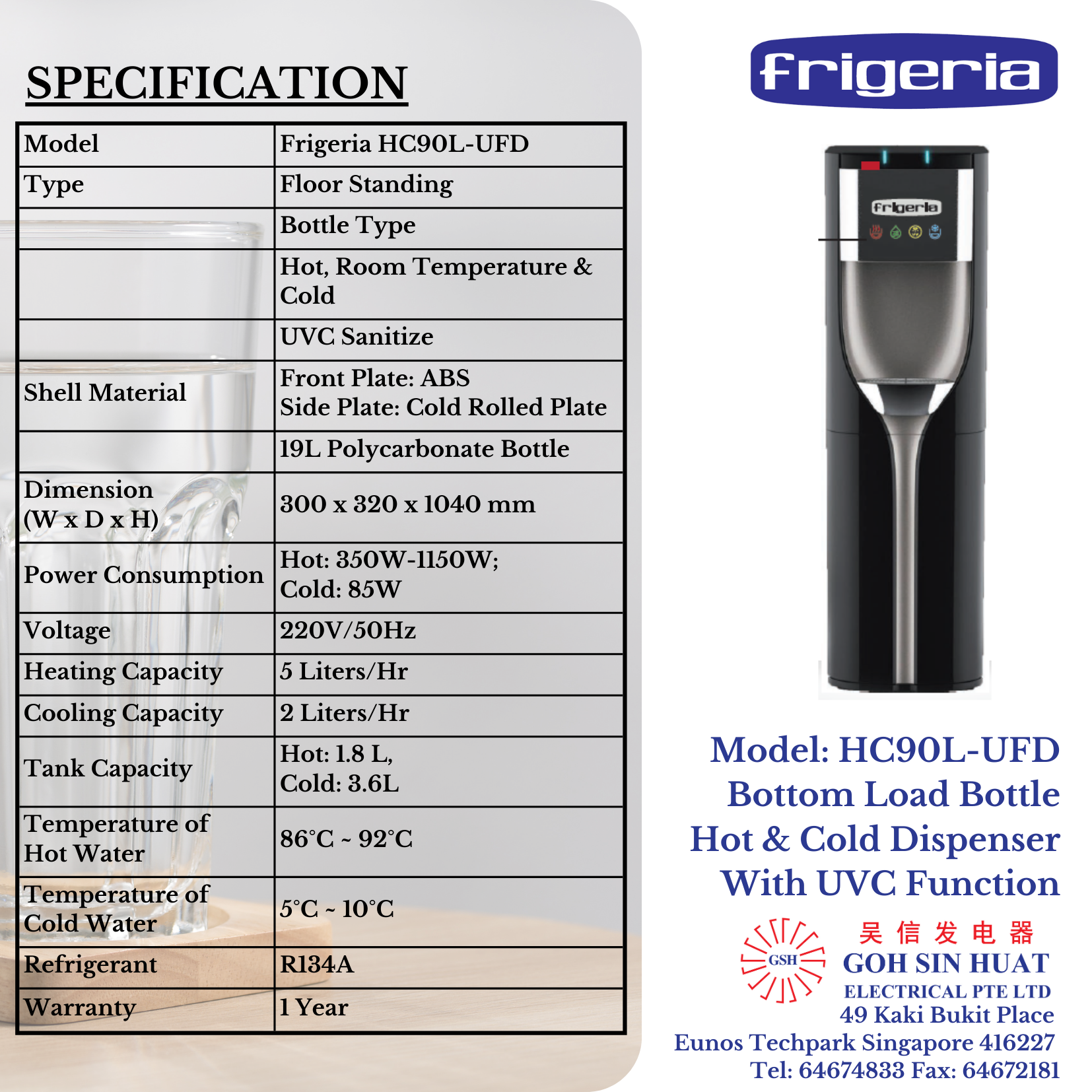 Frigeria HC90L-UFD Floor Standing Bottom Load Bottle Water Dispenser - FOC 5 bottles Oxygenated Water