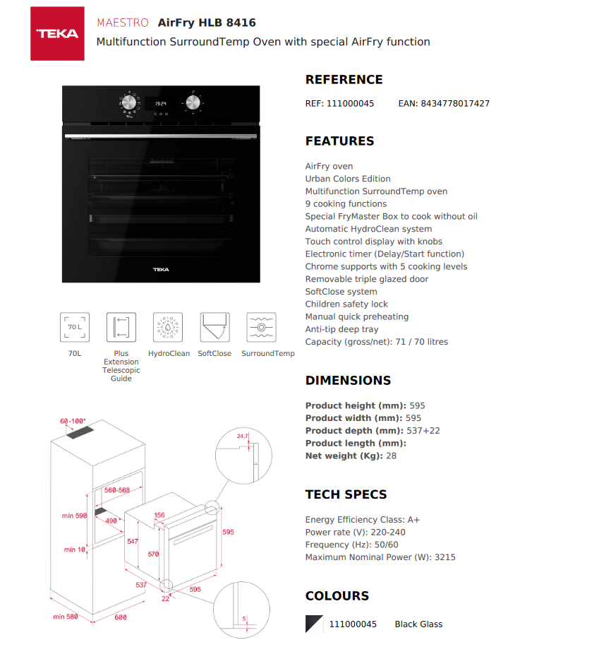 *New* Teka 60cm Built-In Oven AirFry – HLB 8416