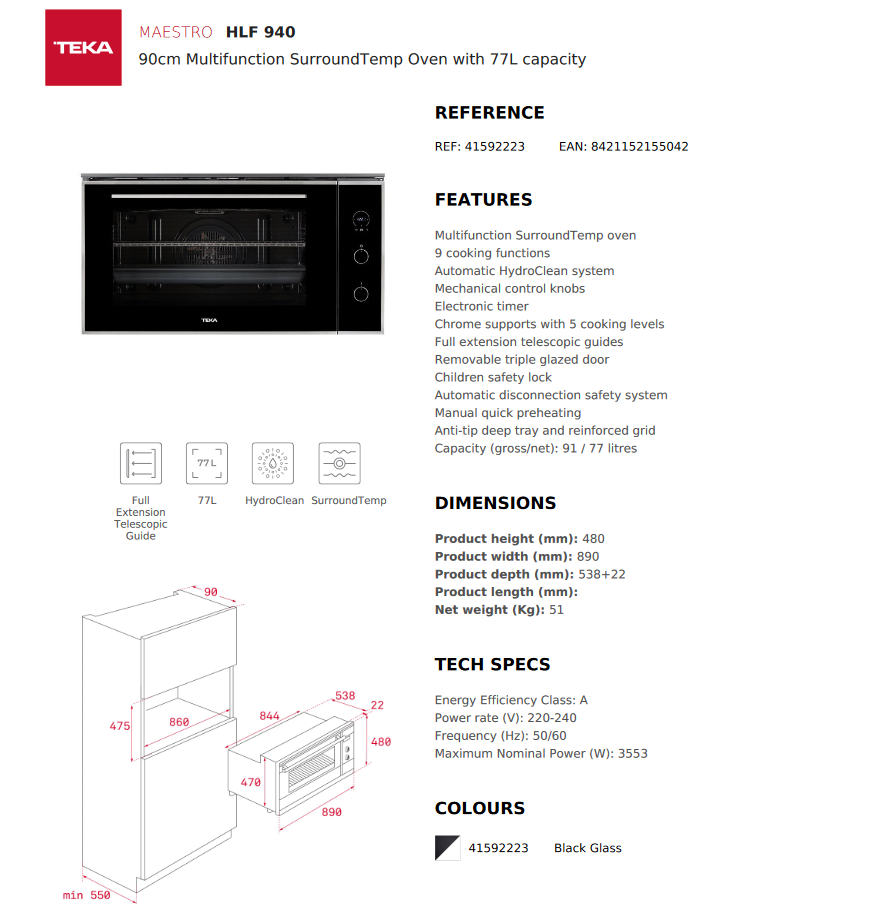 *New* Teka 90cm Built-In Oven – HLF 940