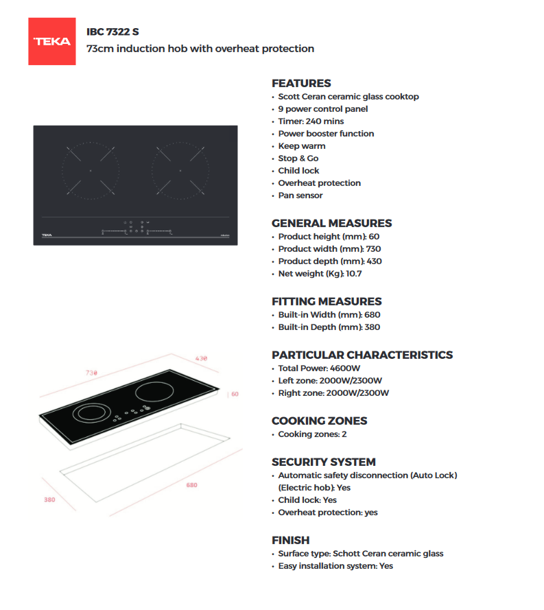 *New* Teka 73cm 2 Zones Induction Hob - IBC 7322 S