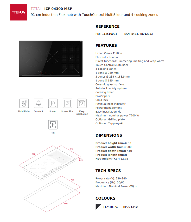 *New* Teka 90cm 4 FlexiZone induction hob - IZF 94300 MSP