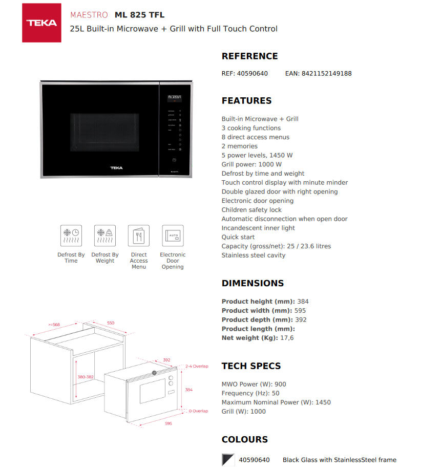 *New* Teka 25L Built-In Microwave Oven + Grill – ML 825 TFL