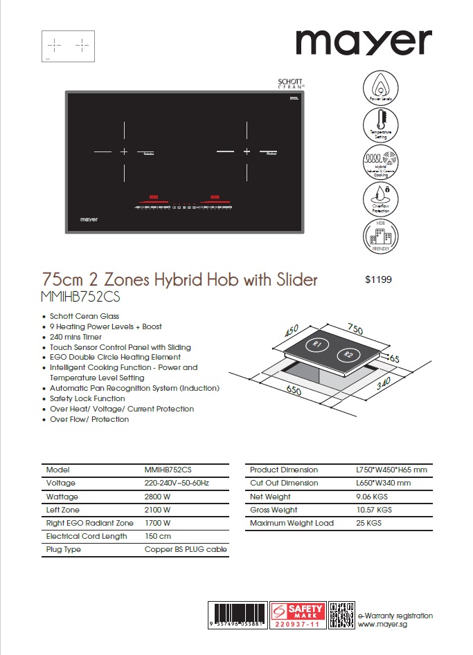 Mayer 75cm 2 Zone Hybrid Hob with Slider MMIHB752CS