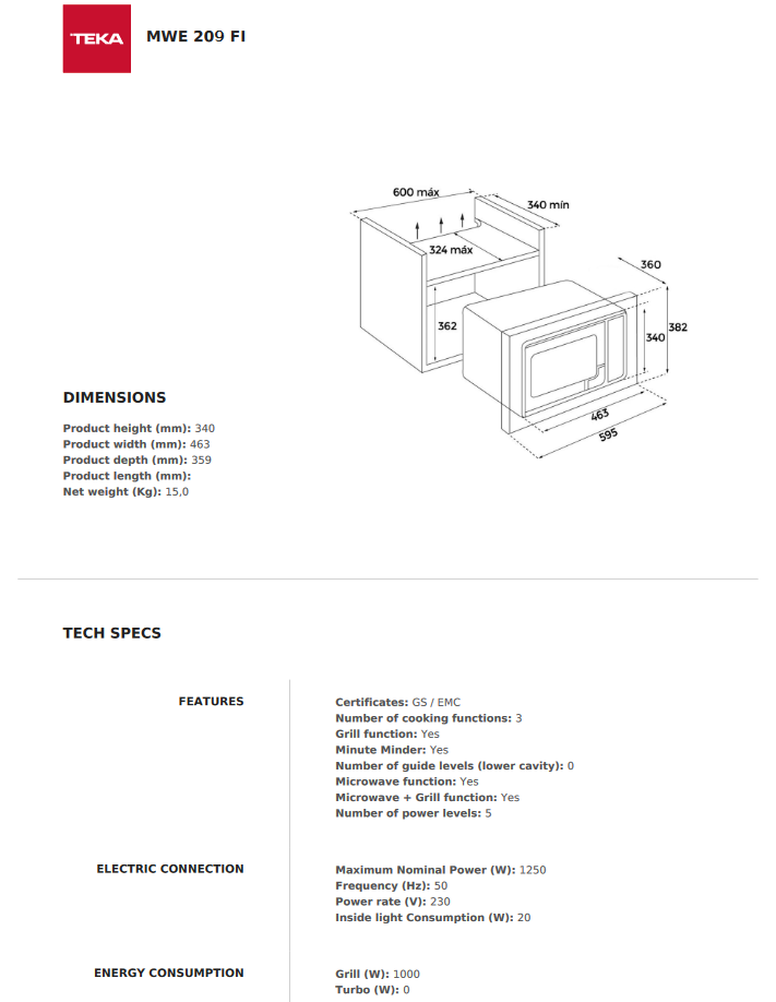 *New* Teka 20L Built-In Microwave Oven + Grill – MWE 209 FI 