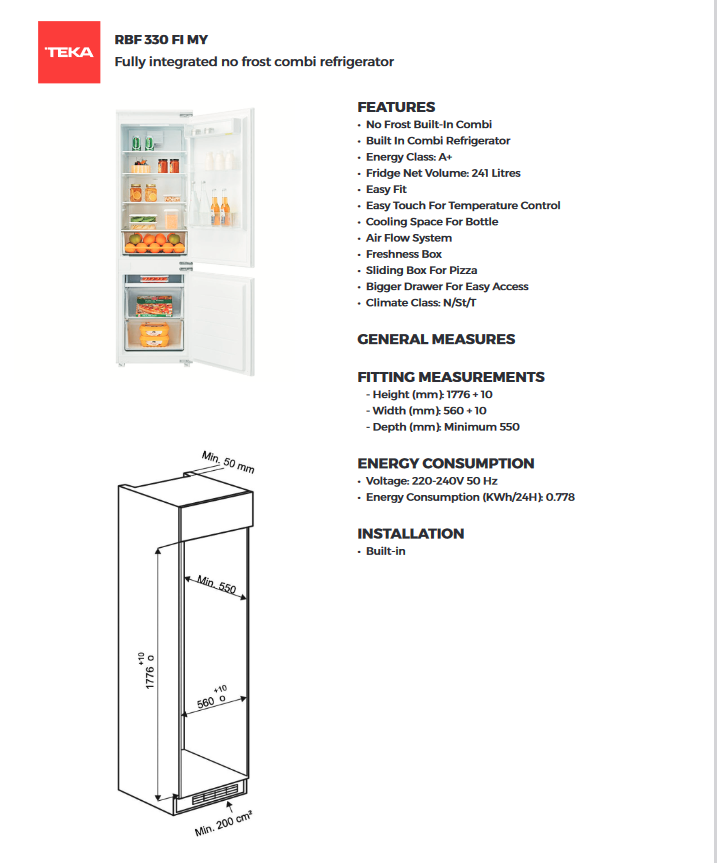 *New* Teka 241L Fully Integrated No Frost Refrigerator RBF 330 FI MY