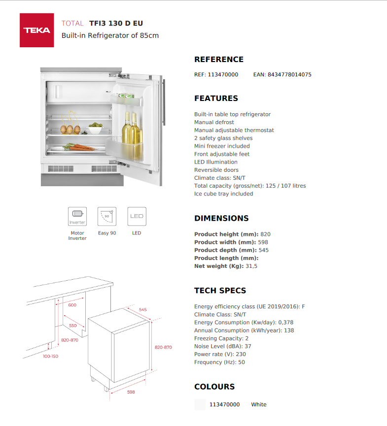 *New* Teka 125L Fully Integrated Table Top Refrigerator TFI 3 130 D EU