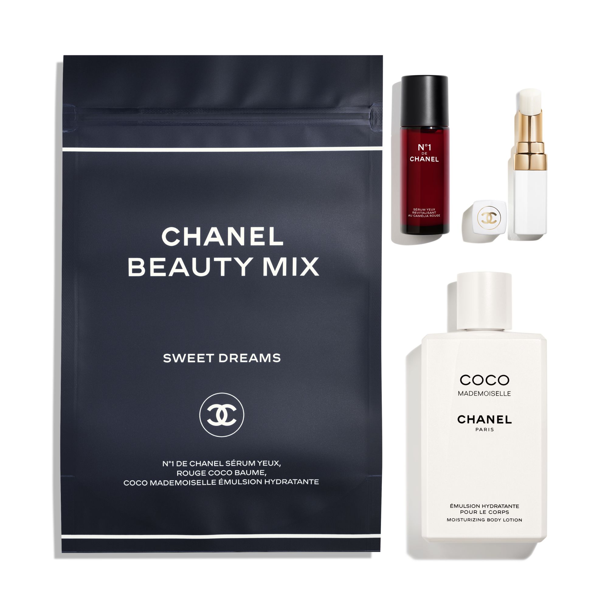 N°1 DE CHANEL REVITALIZING EYE SERUM, ROUGE COCO BAUME 912 DREAMY WHITE, dan COCO MADEMOISELLE MOISTURIZING BODY LOTION