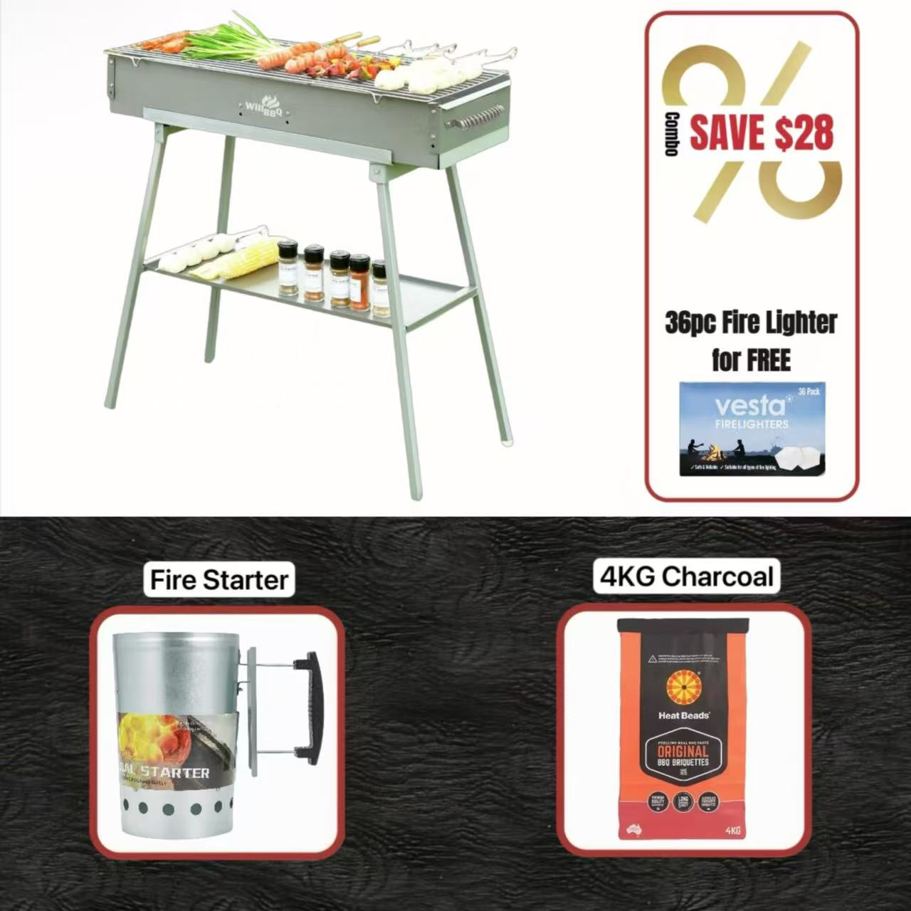 WillBBQ 80(L)x26(W)cm Hibachi Grill Value Bundle Sets