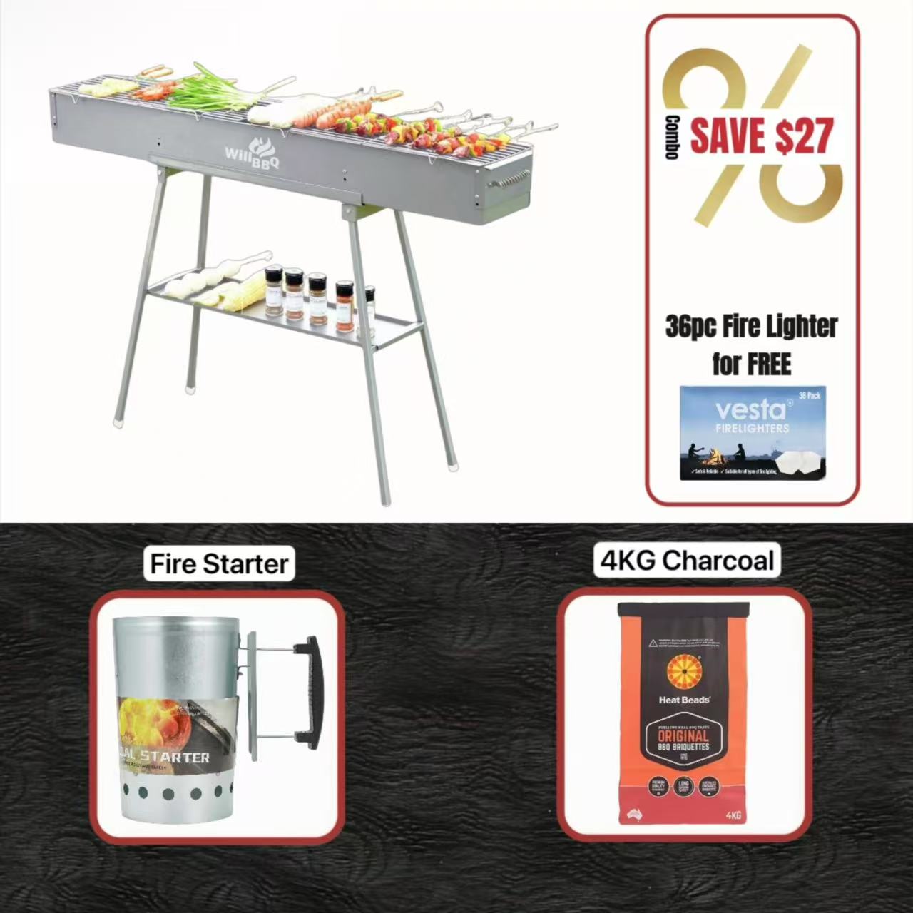 WillBBQ 120(L)x18(W)cm Hiabachi Grill Value Bundle Sets
