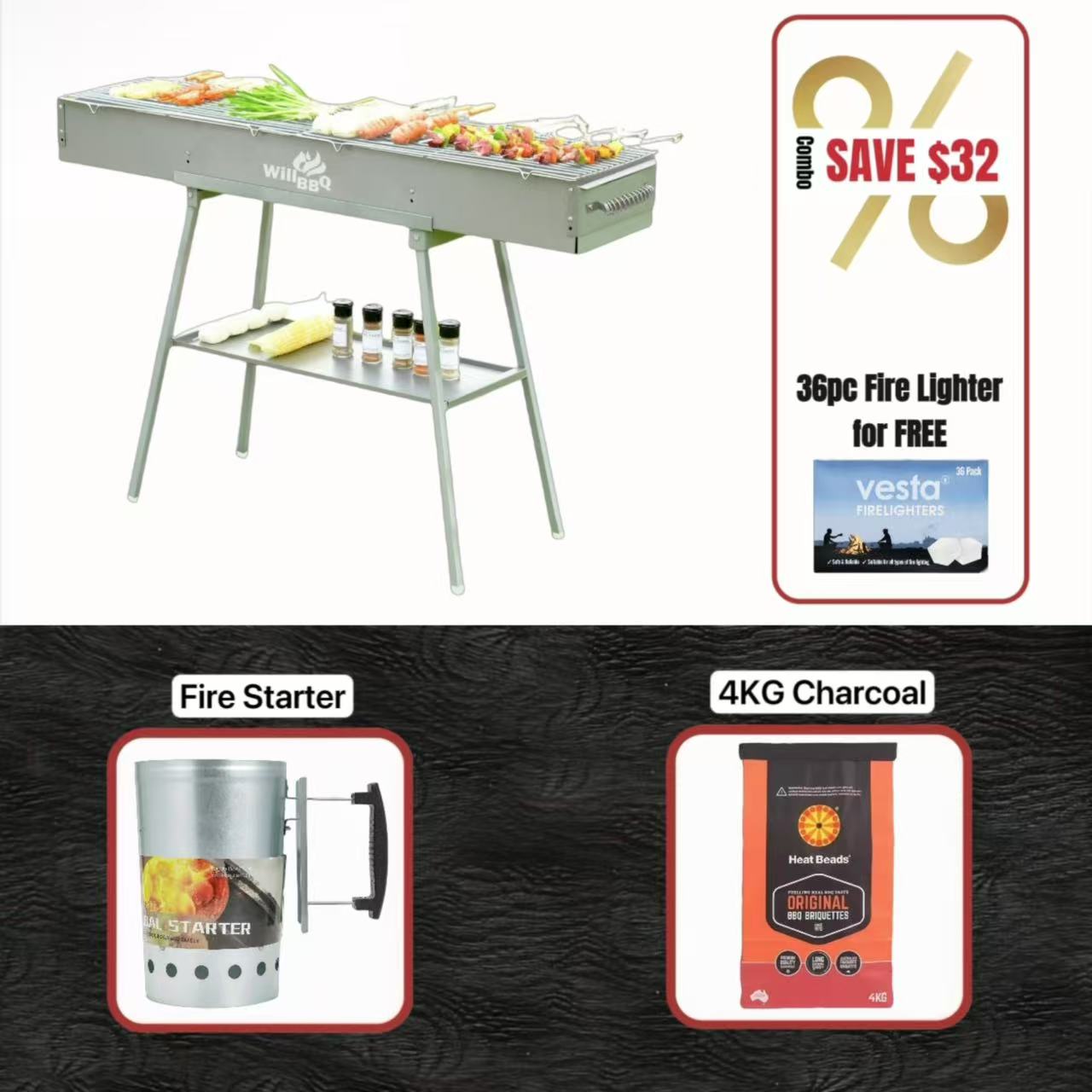 WillBBQ 120(L)x26(W)cm Hibachi Grill Value Bundle Sets