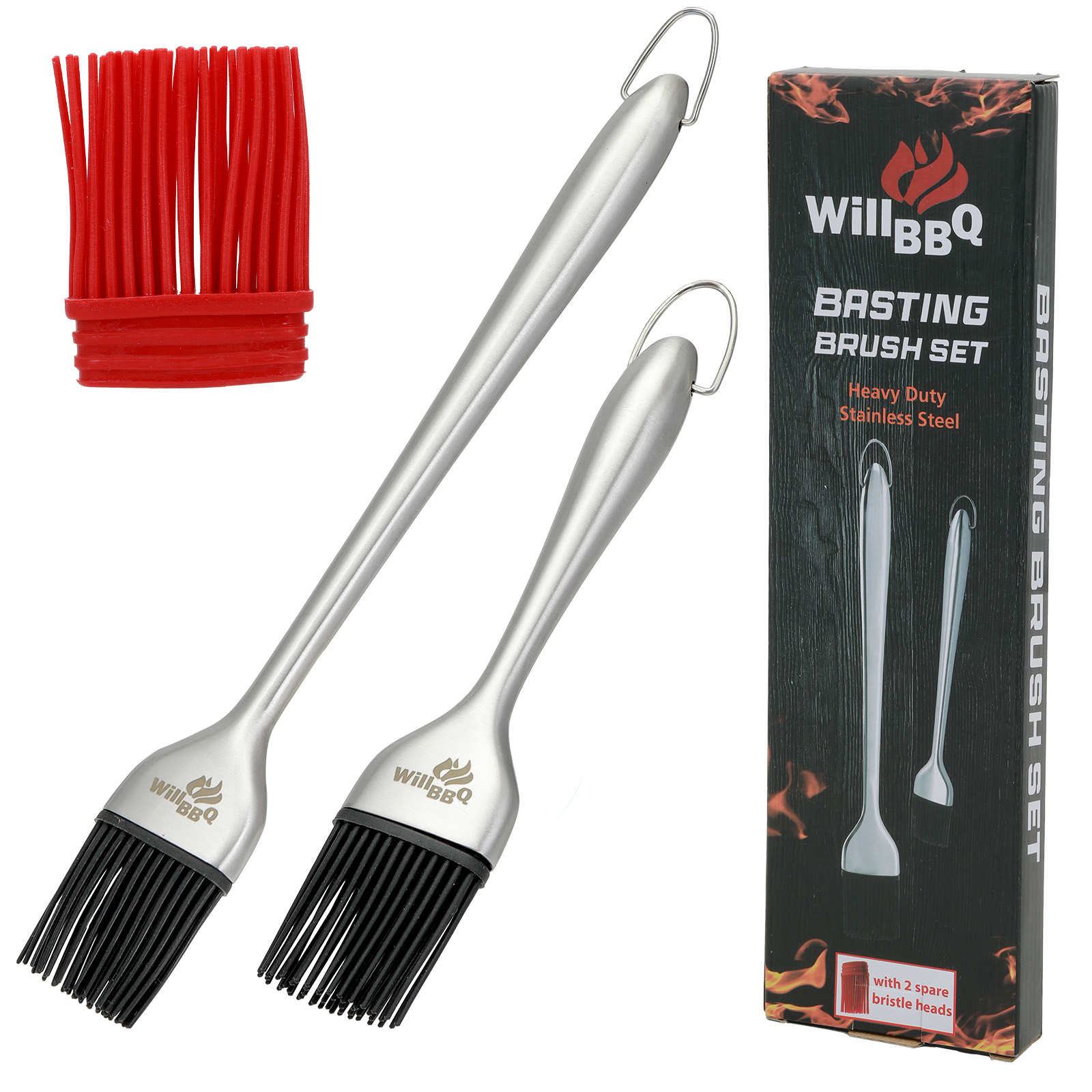 WillBBQ Basting Brush Set – Heavy-Duty Stainless Steel with Spare Silicone Bristle Heads