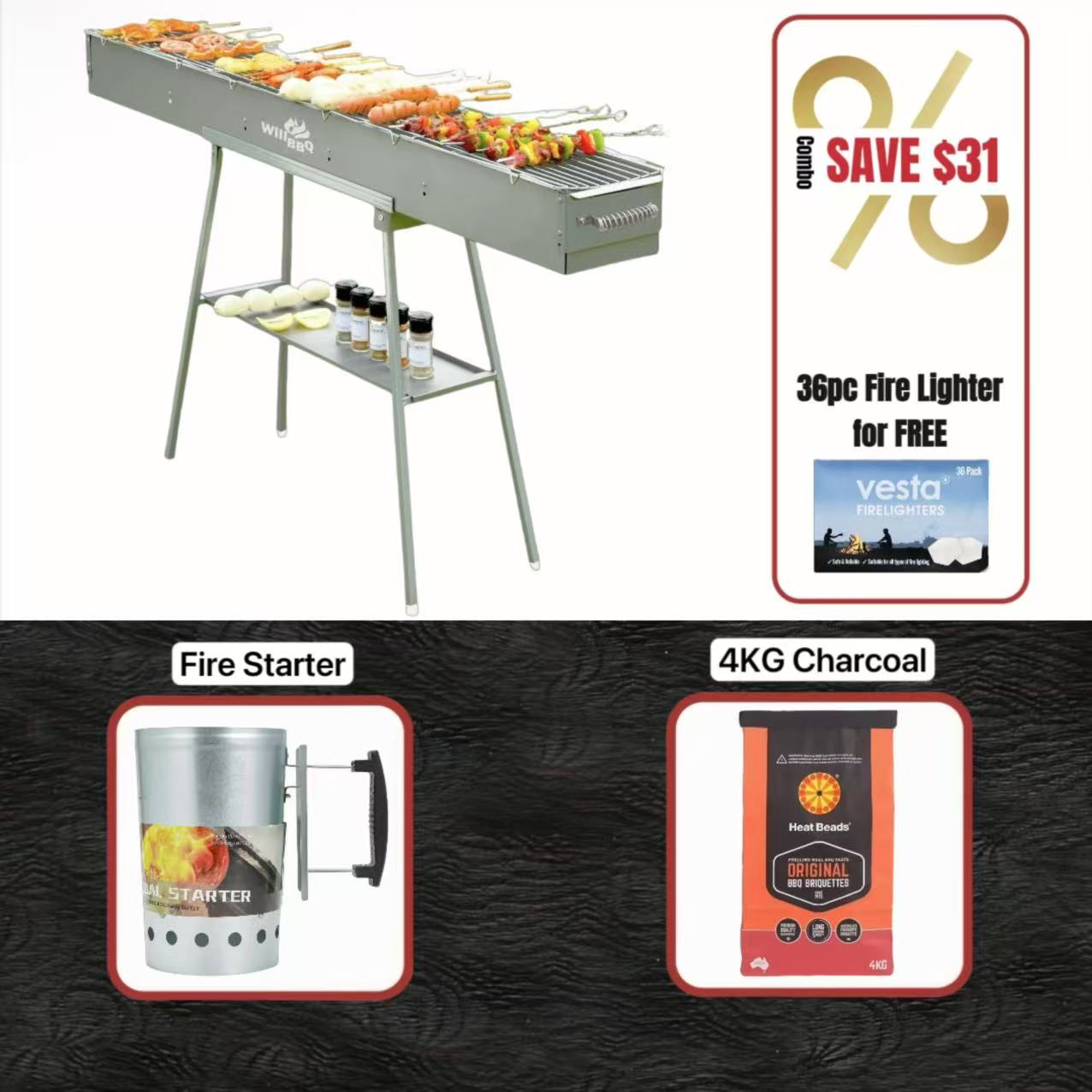 WillBBQ 150(L)x18(W)cm Hibachi Grill Value Bundle Sets