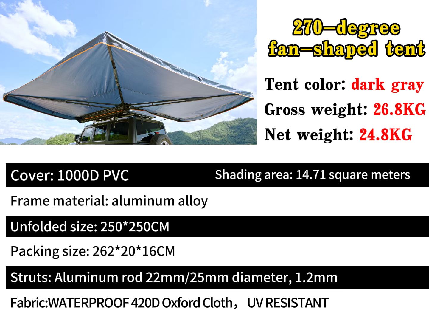 Willkon 270° Freestanding Vehicle Awning – Ultra-Wide Shade Coverage with 1000D PVC Case