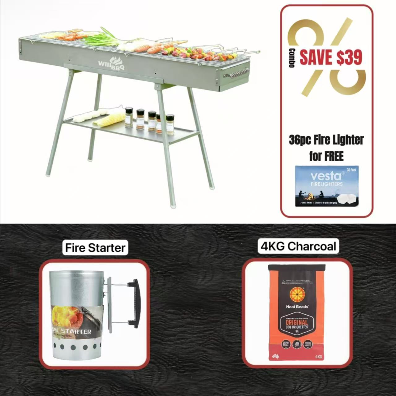 WillBBQ 150(L)x26(W)cm Hibachi Grill Value Bundle Sets