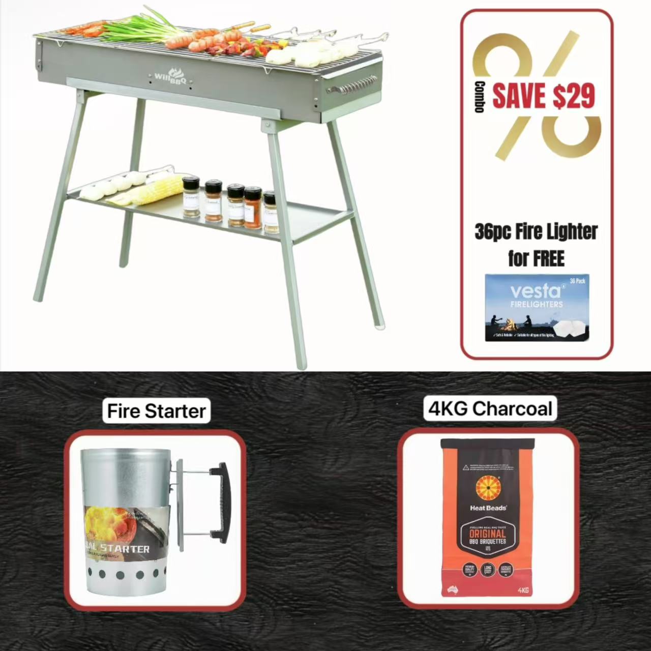 WillBBQ 100(L)x26(W)cm Hibachi Grill Value Bundle Sets