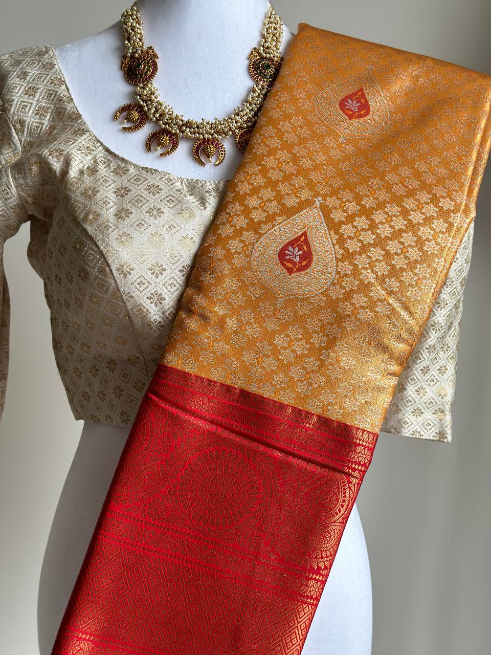 Yellow & Red Zari Woven Semi Kanjivaram Silk Saree
