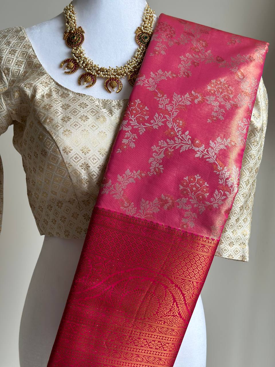 Pink & Deep Pink Zari Woven Semi Kanjivaram Silk Saree