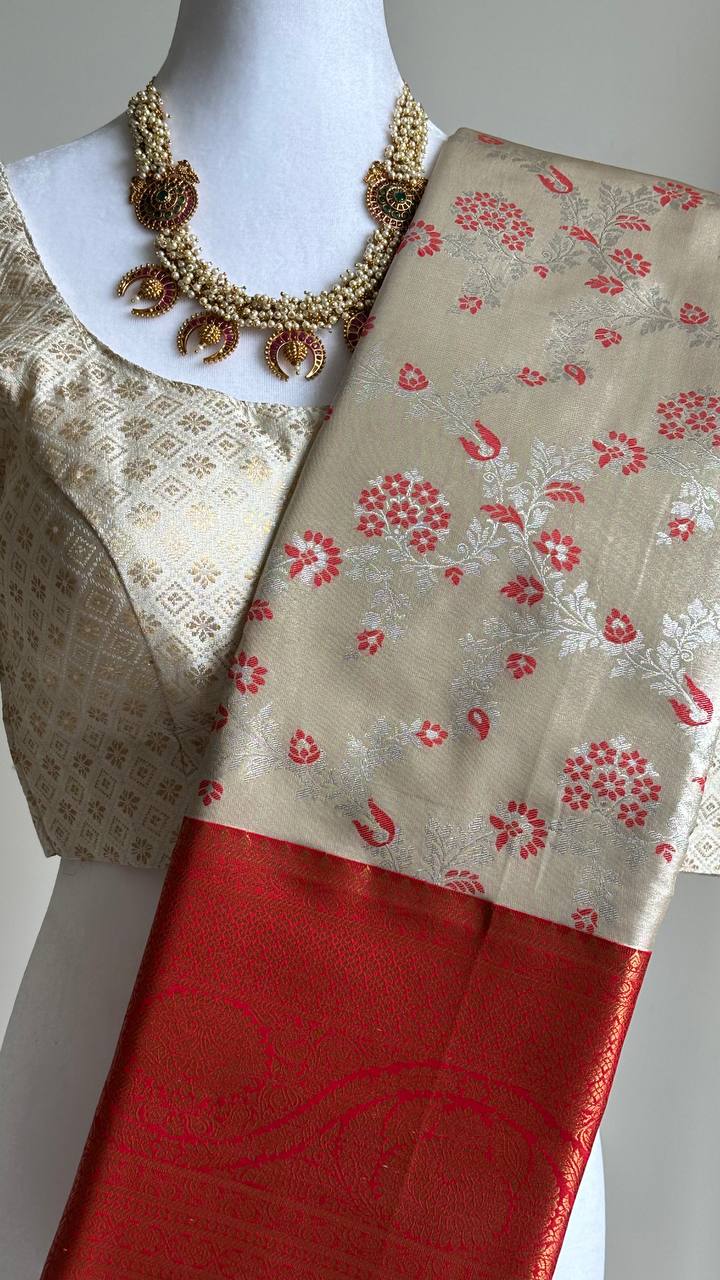 White & Red Zari Woven Semi Kanjivaram Silk Saree