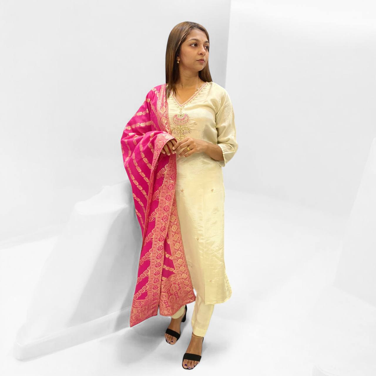 Gold Shimmer Designer Suit with Pink Dupatta