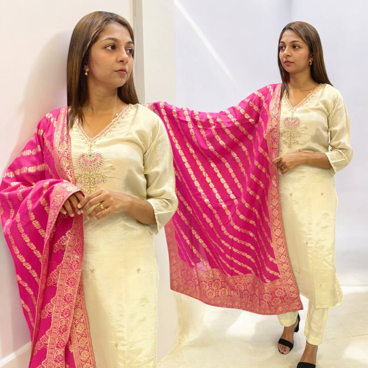Gold Shimmer Designer Suit with Pink Dupatta