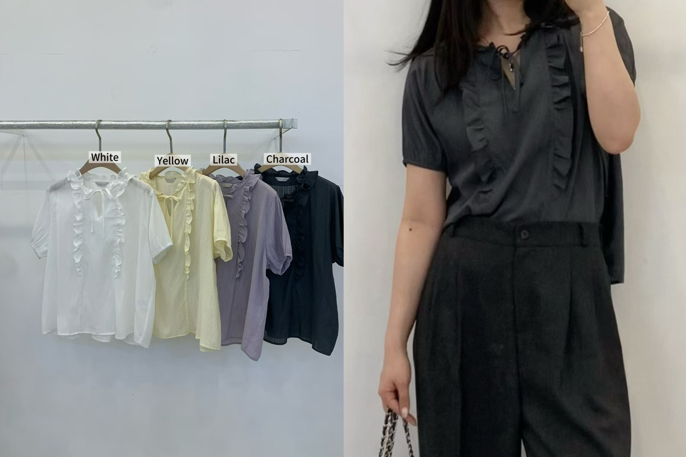 FP15 / FRONT RUFFLES FRONT TIE BLOUSE