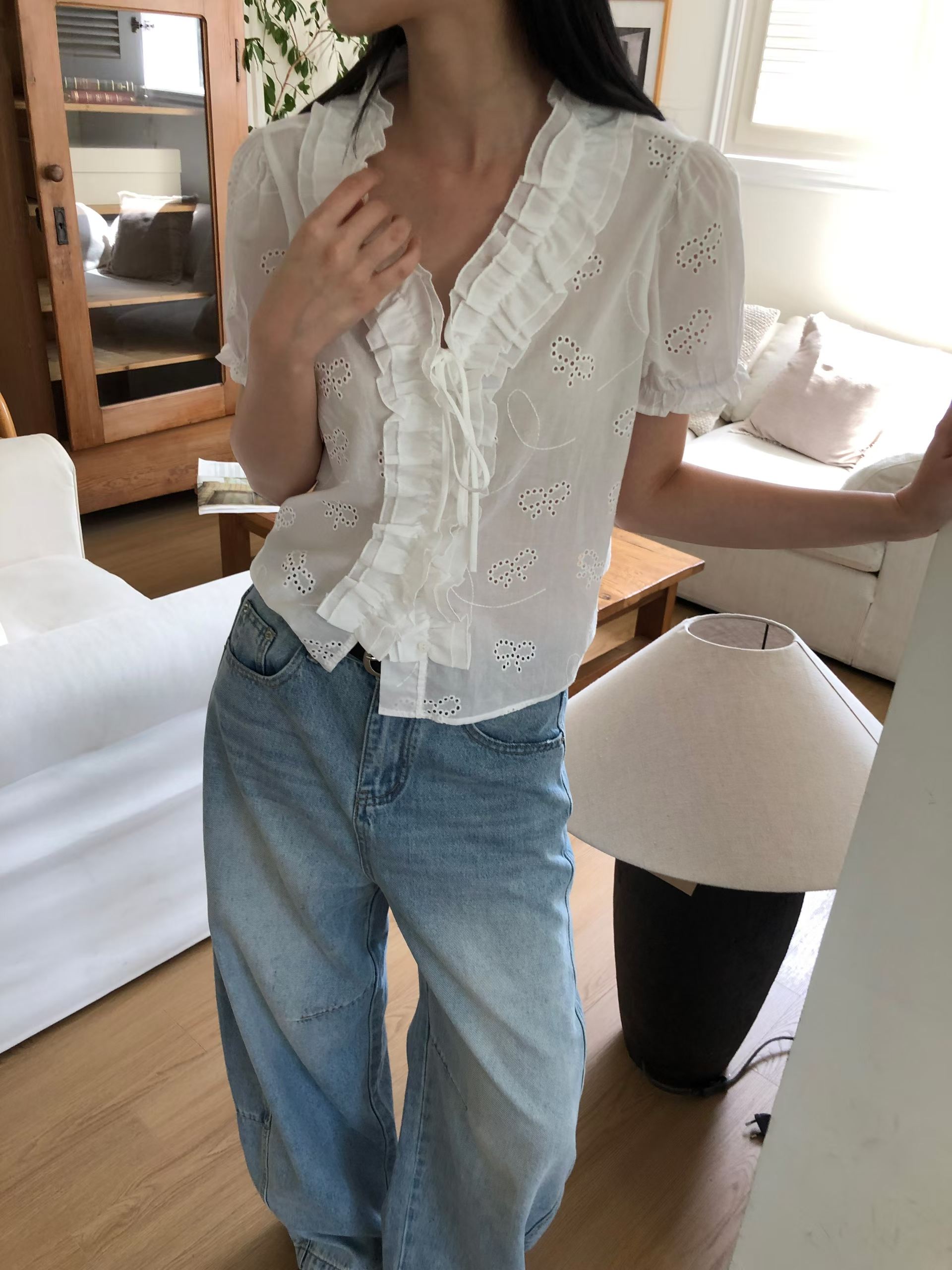 EVELINA RUFFLE COLLAR EYELET BLOUSE