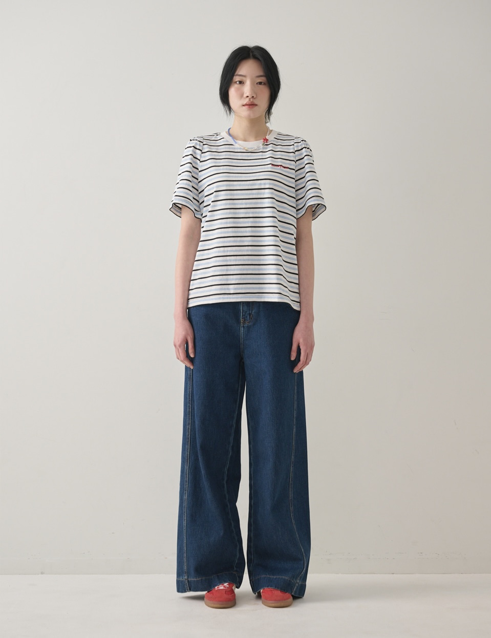 DD17 / Basic Logo Stripe Puff Sleeve T-Shirt