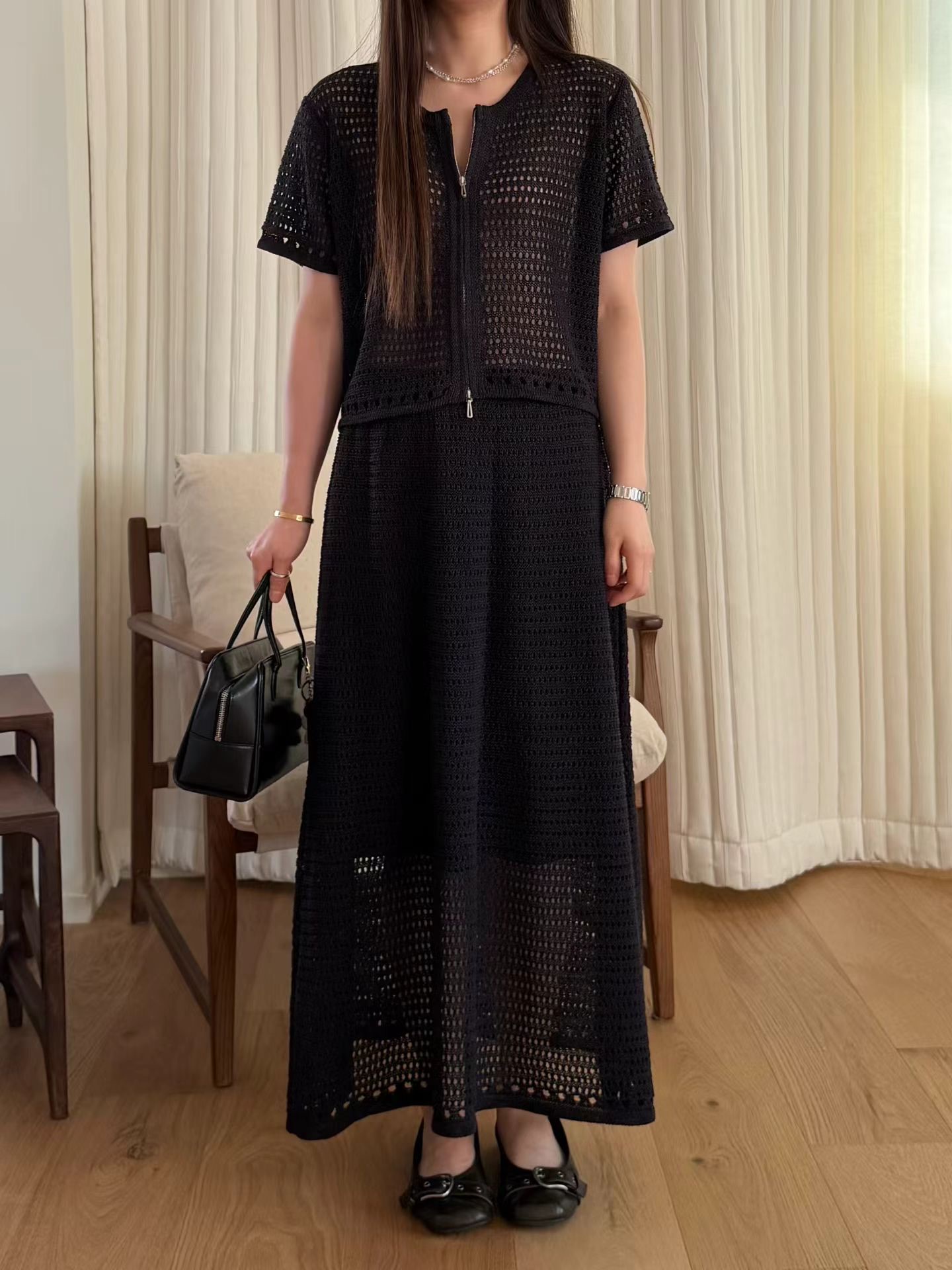 MU15 / OPEN KNIT MESH ELASTIC WAISTBAND A-LINE SKIRT