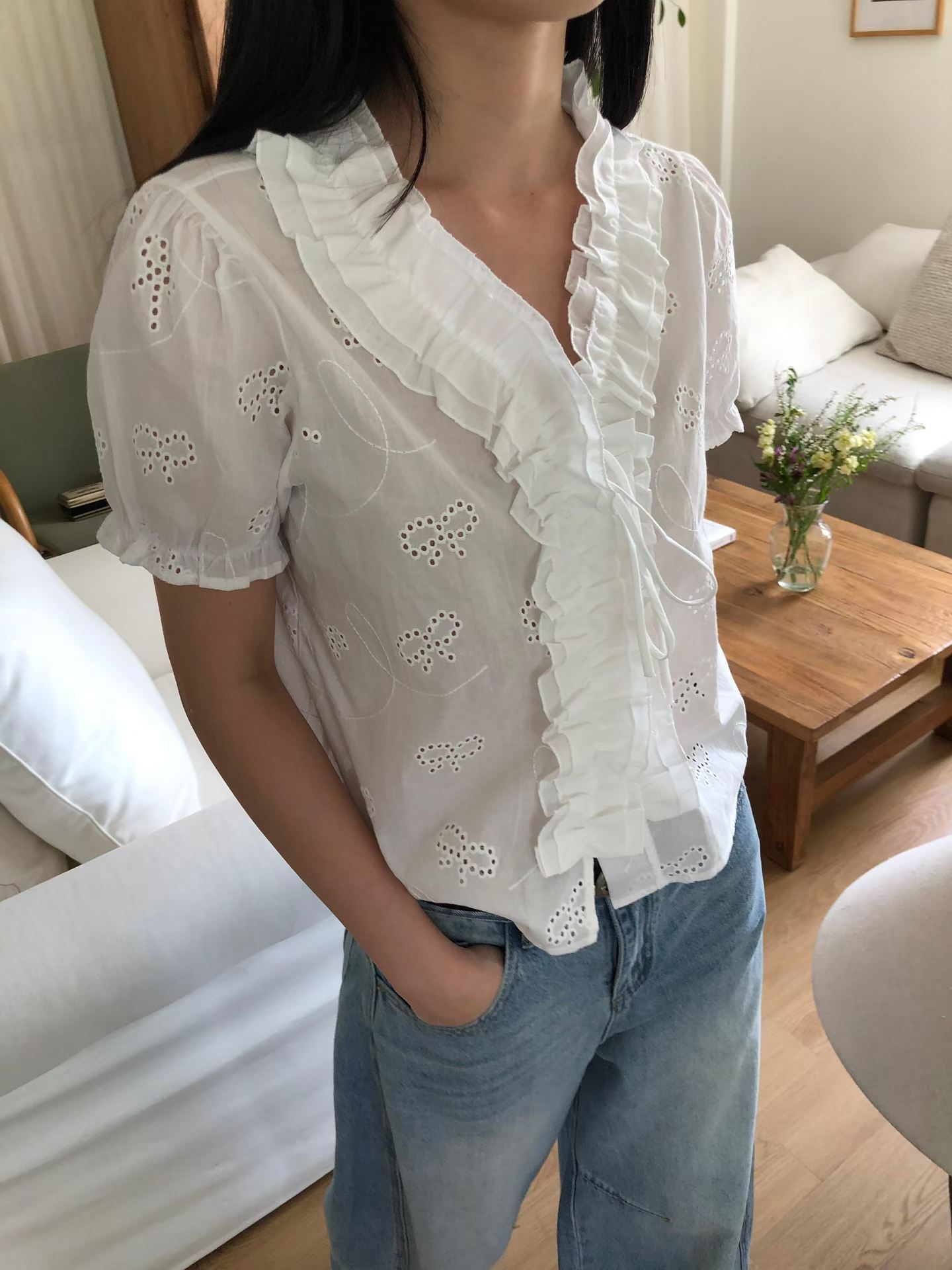 EVELINA RUFFLE COLLAR EYELET BLOUSE