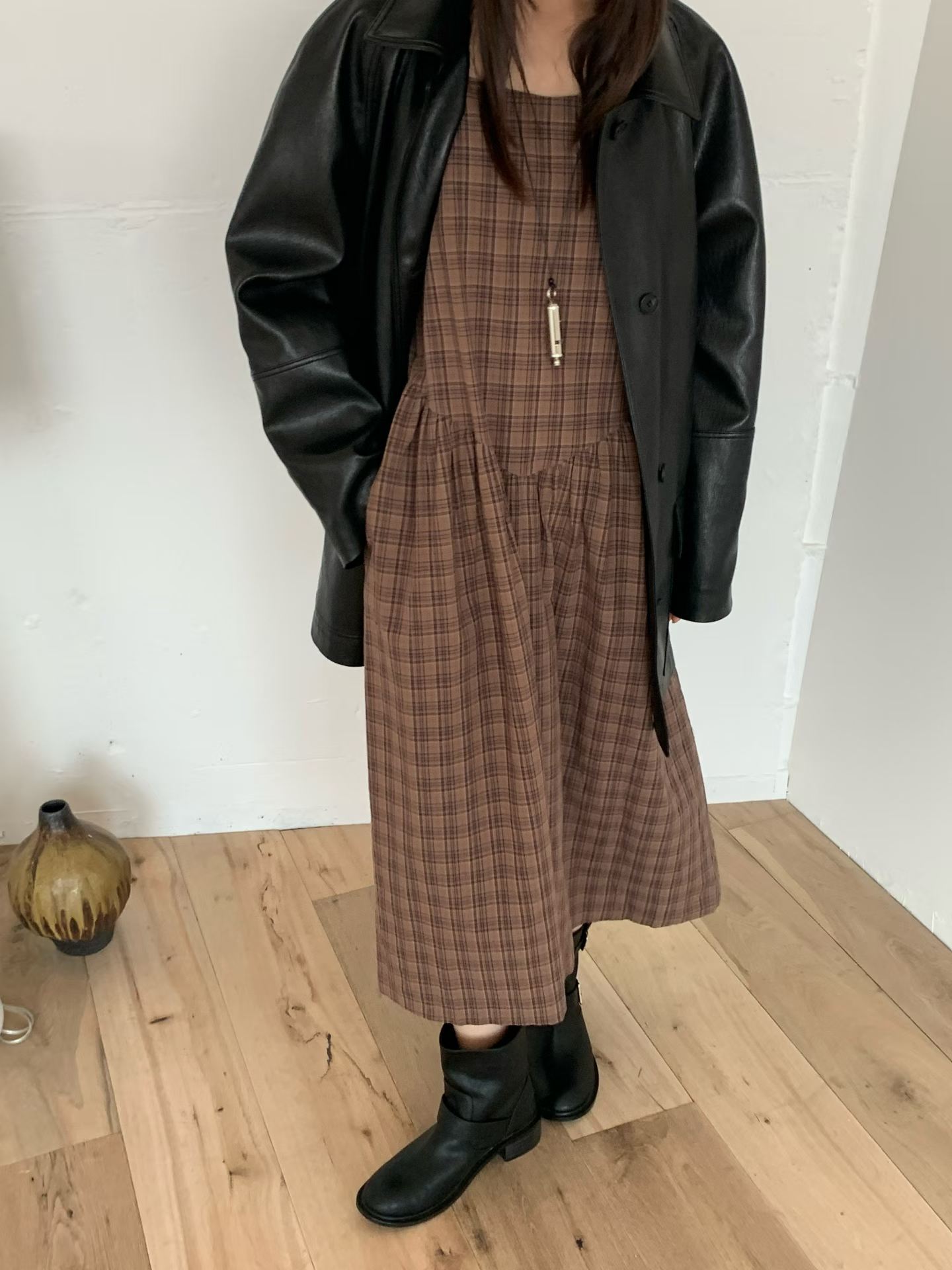 FALA PLAID SPAGHETTI STRAPS PINAFORE DRESS