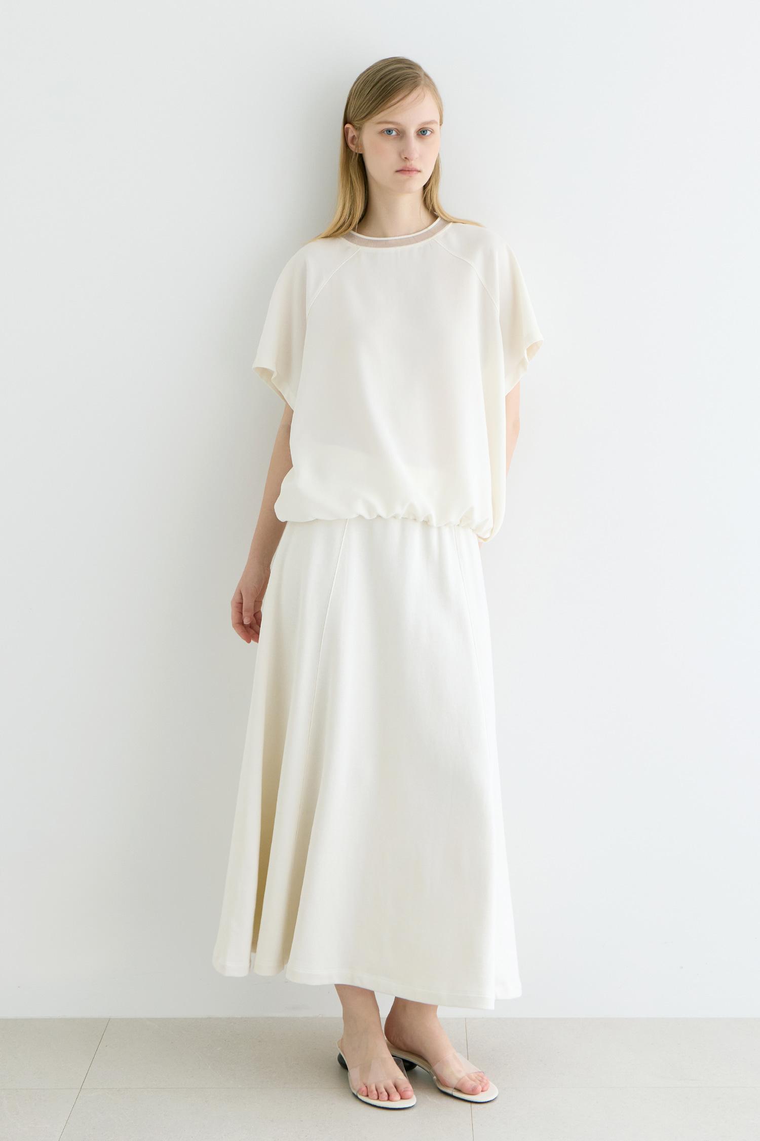 WW29 / SILKY SHEER NECK STRING SHORT SLEEVE BLOUSE