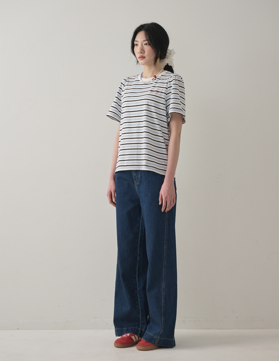 DD17 / Basic Logo Stripe Puff Sleeve T-Shirt