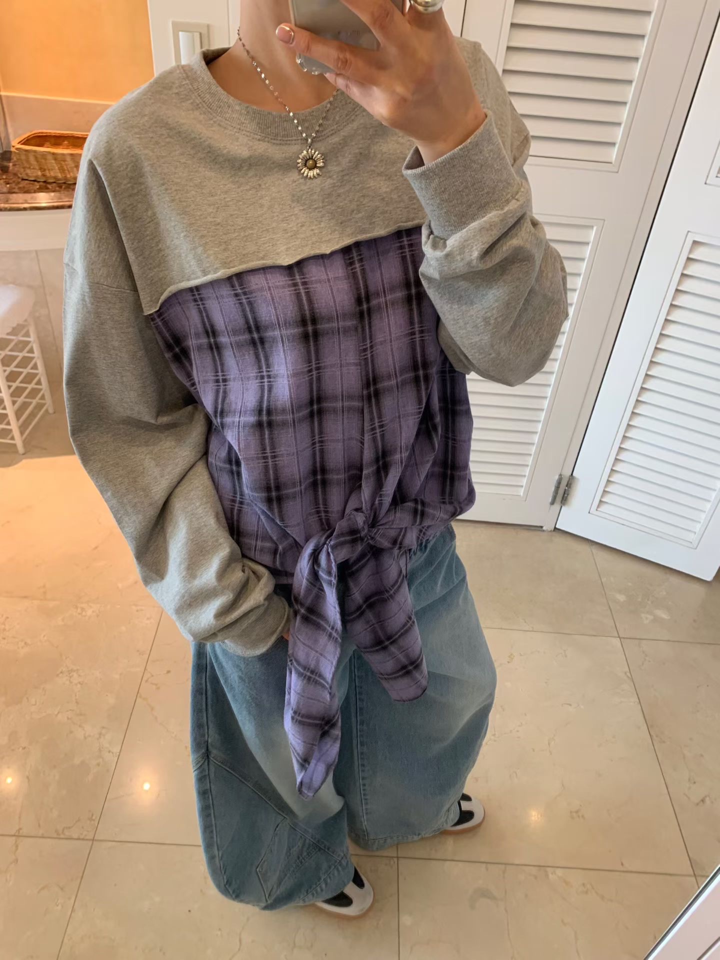 KL03 / LAYERED PLAID TOP WITH FRONT-TIE DETAIL