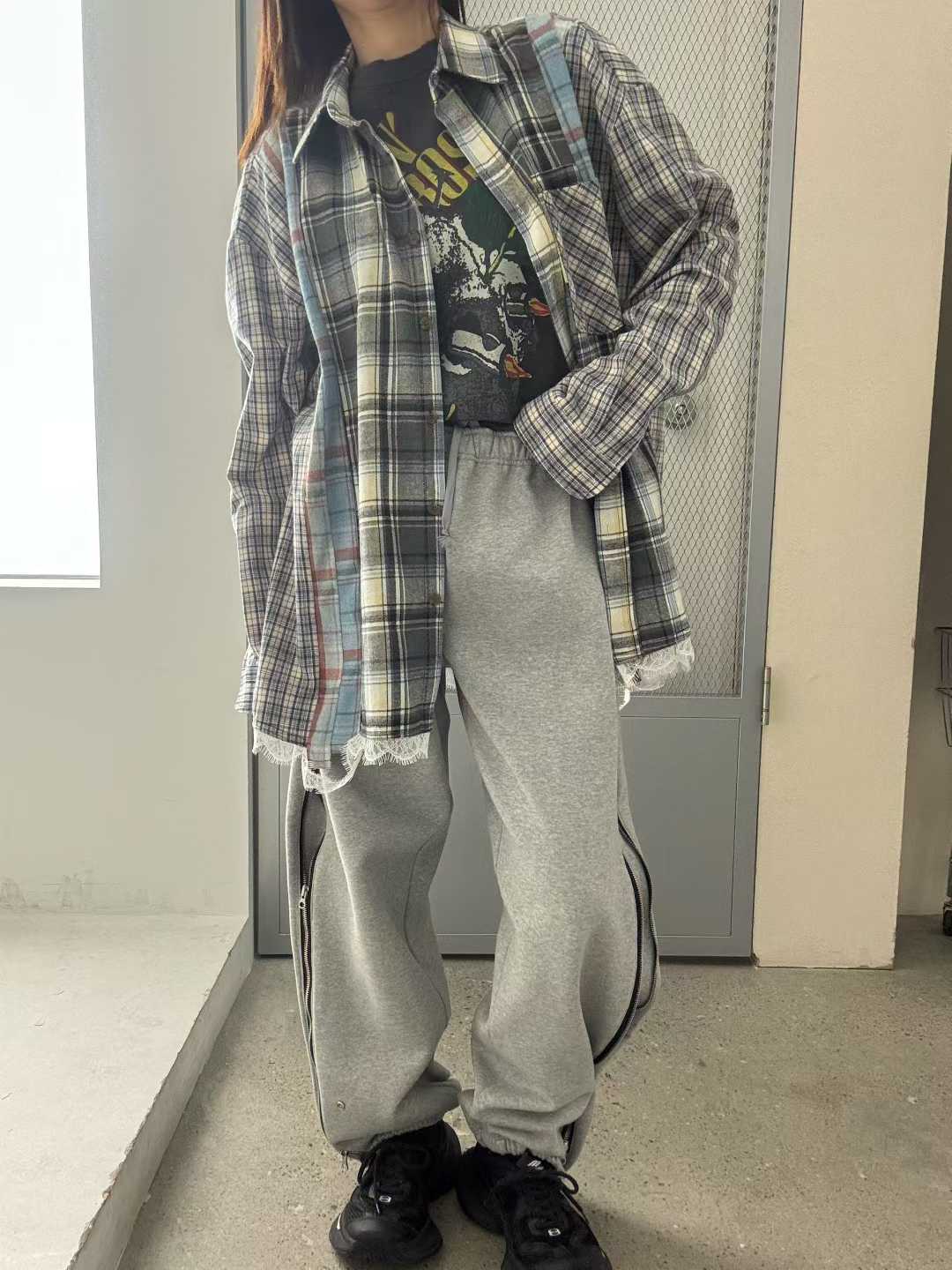 DAELYN PATCHWORK CHECKS LACE TRIM SHIRT