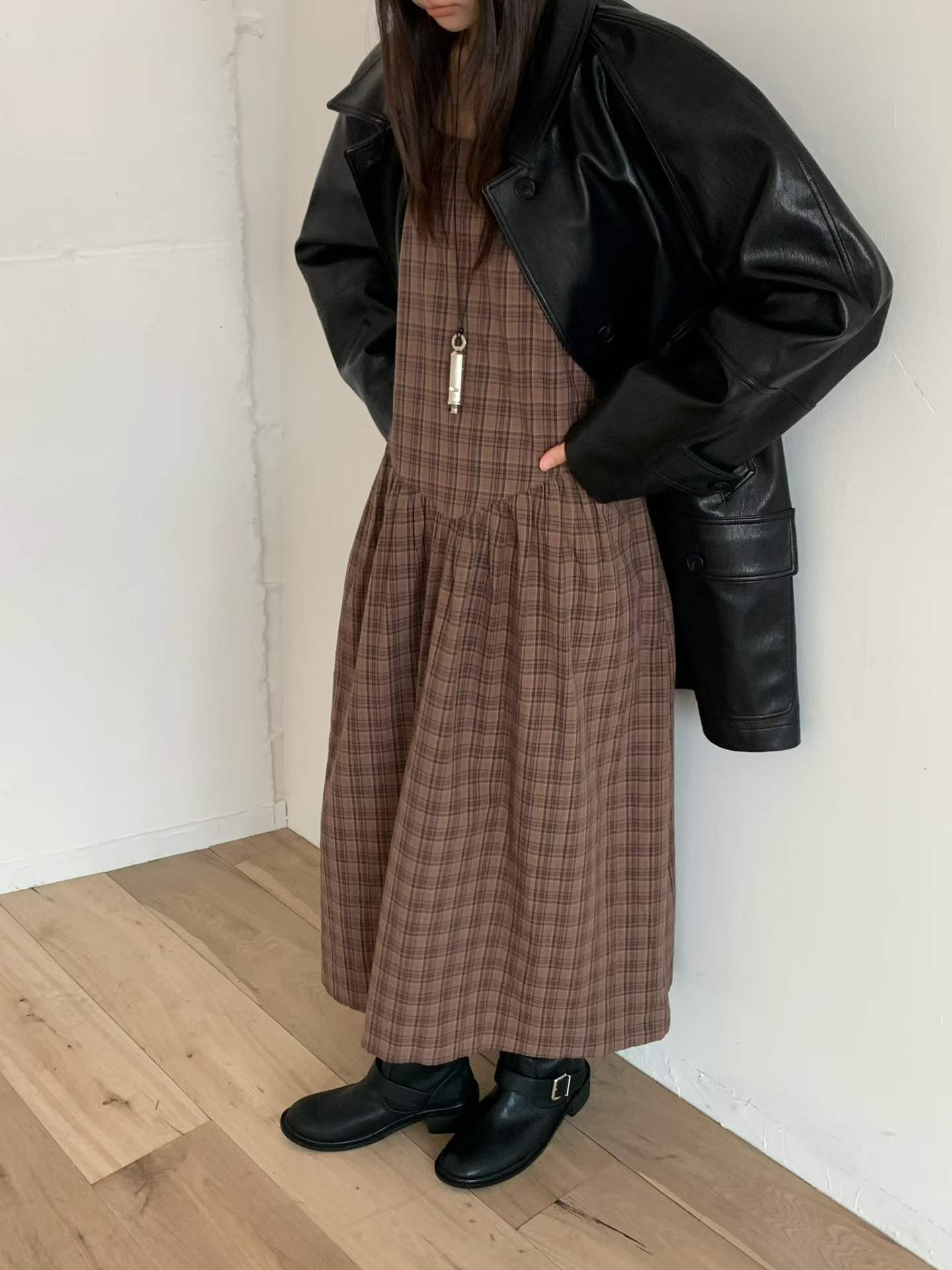 FALA PLAID SPAGHETTI STRAPS PINAFORE DRESS