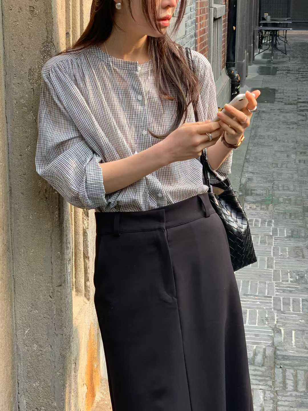 EVELYN SMALL CHECKS MANDARIN SHIRT