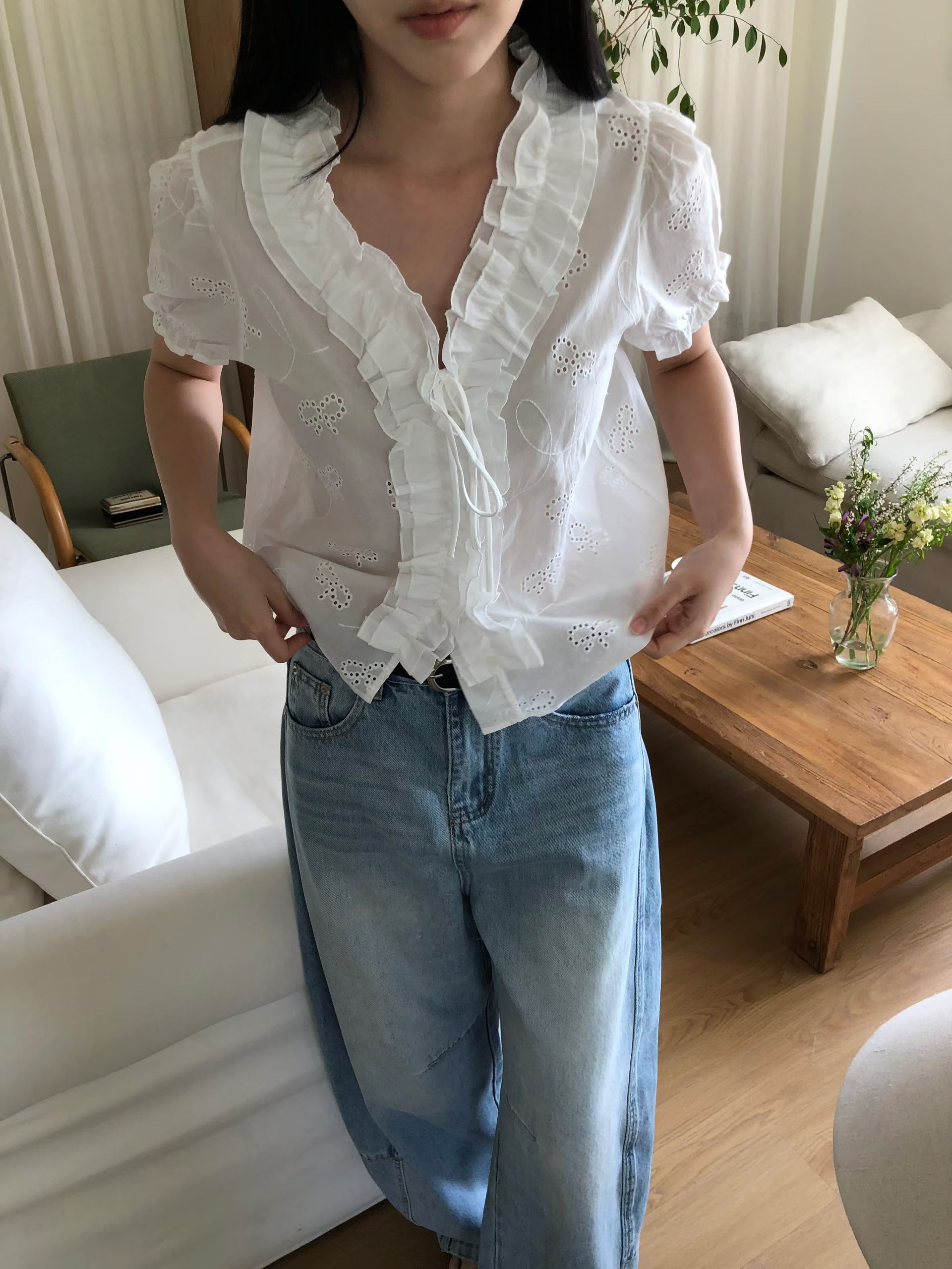 EVELINA RUFFLE COLLAR EYELET BLOUSE
