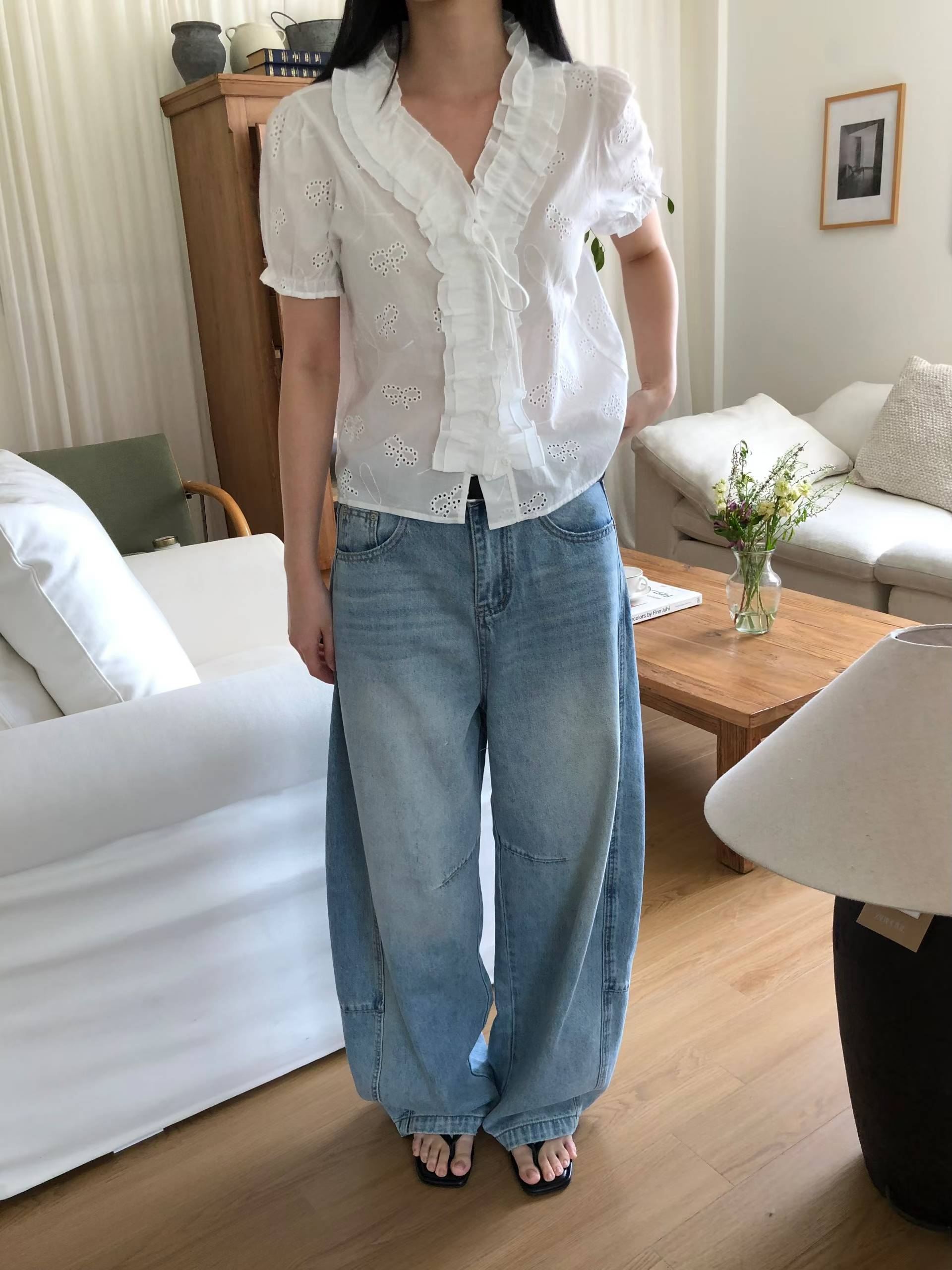 EVELINA RUFFLE COLLAR EYELET BLOUSE