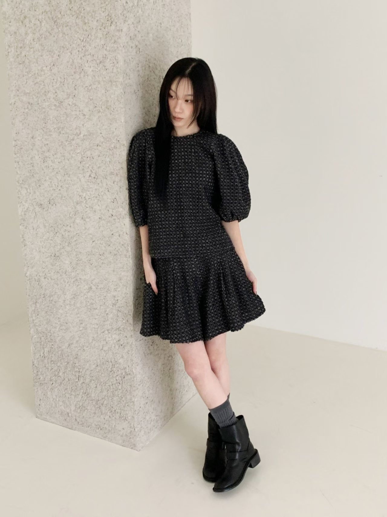 PG11 / TEXTURED PUFF SLEEVES TOP - ELASTIC BAND CULOTTES SET
