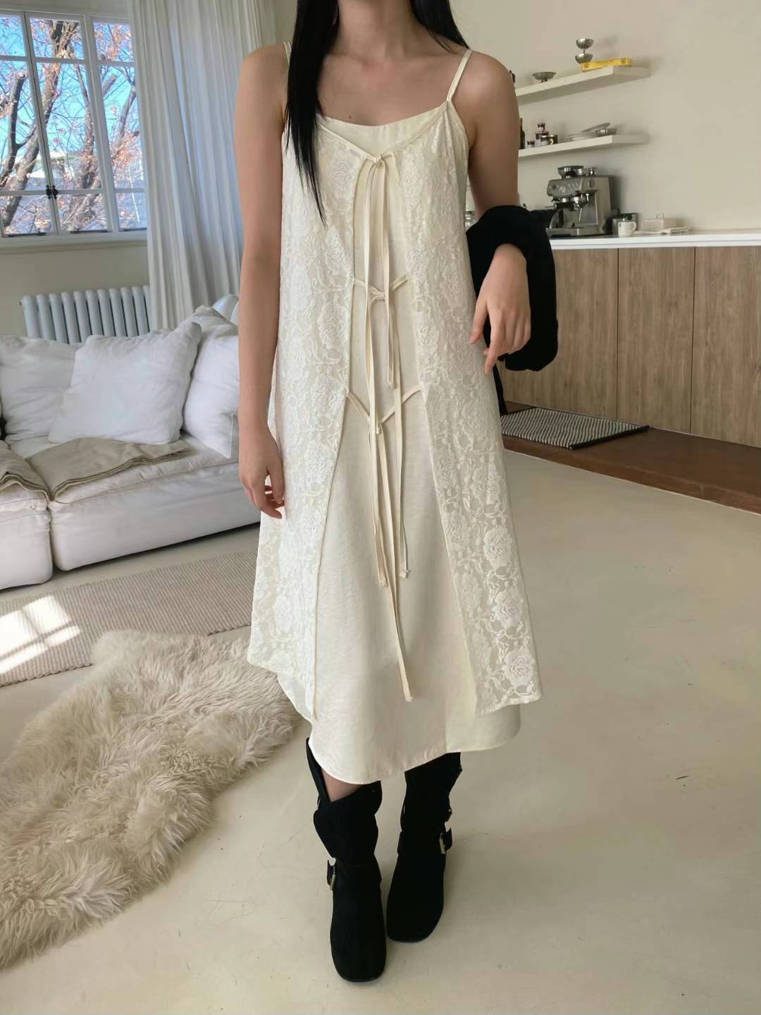 DUSTIN LACE OVERLAY TIE SPAGHETTI STRAPS DRESS