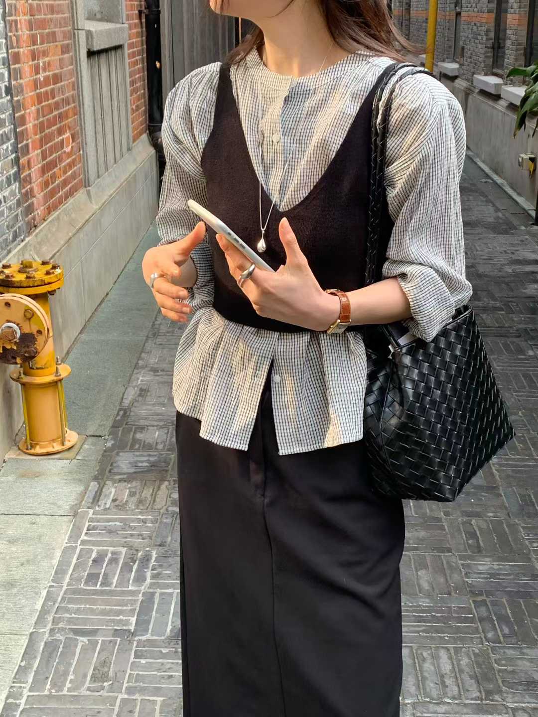 EVELYN SMALL CHECKS MANDARIN SHIRT