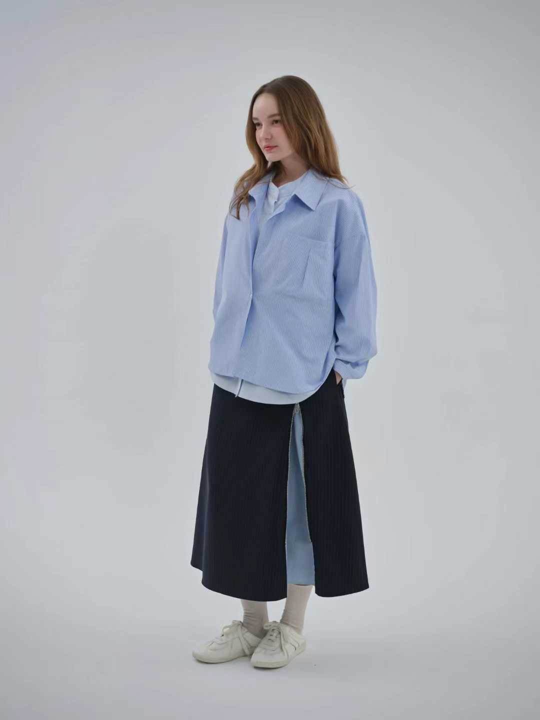 EMORY ZIP DETAIL PINSTRIPE SKIRT