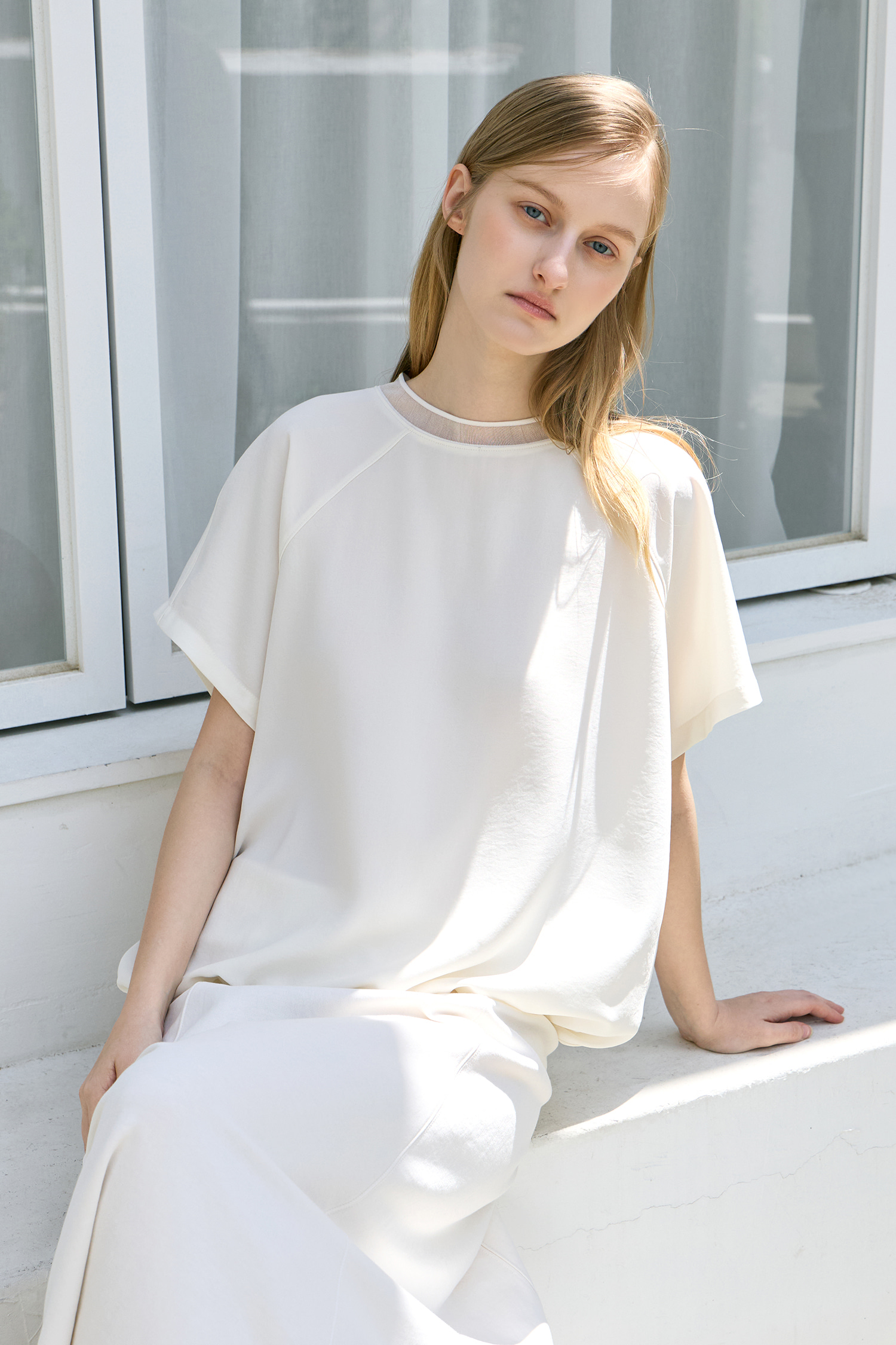 WW29 / SILKY SHEER NECK STRING SHORT SLEEVE BLOUSE
