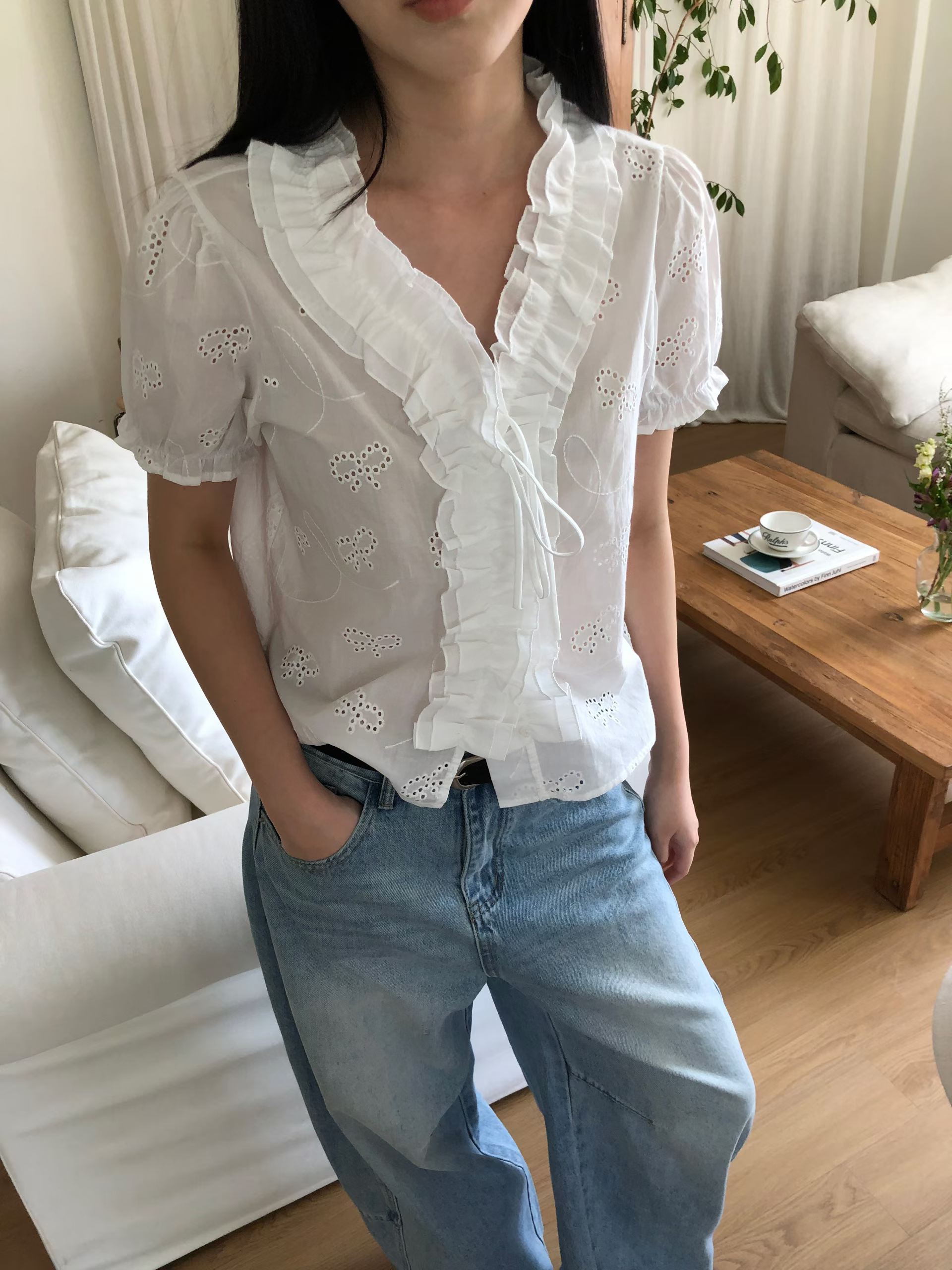 EVELINA RUFFLE COLLAR EYELET BLOUSE