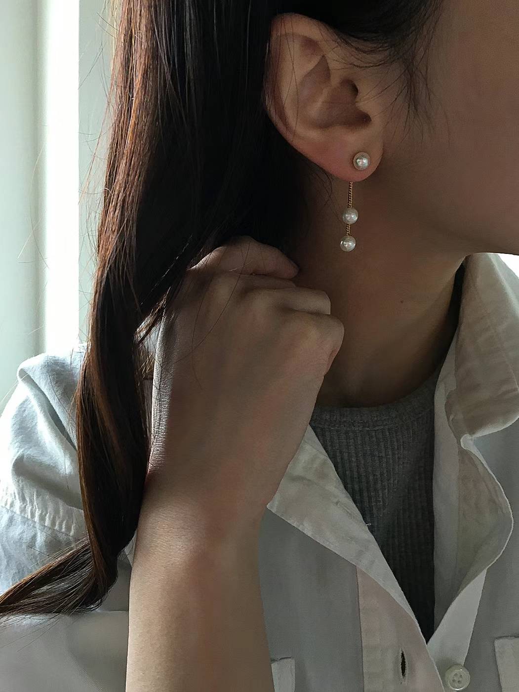 Birch two tier chain pearls earrings
