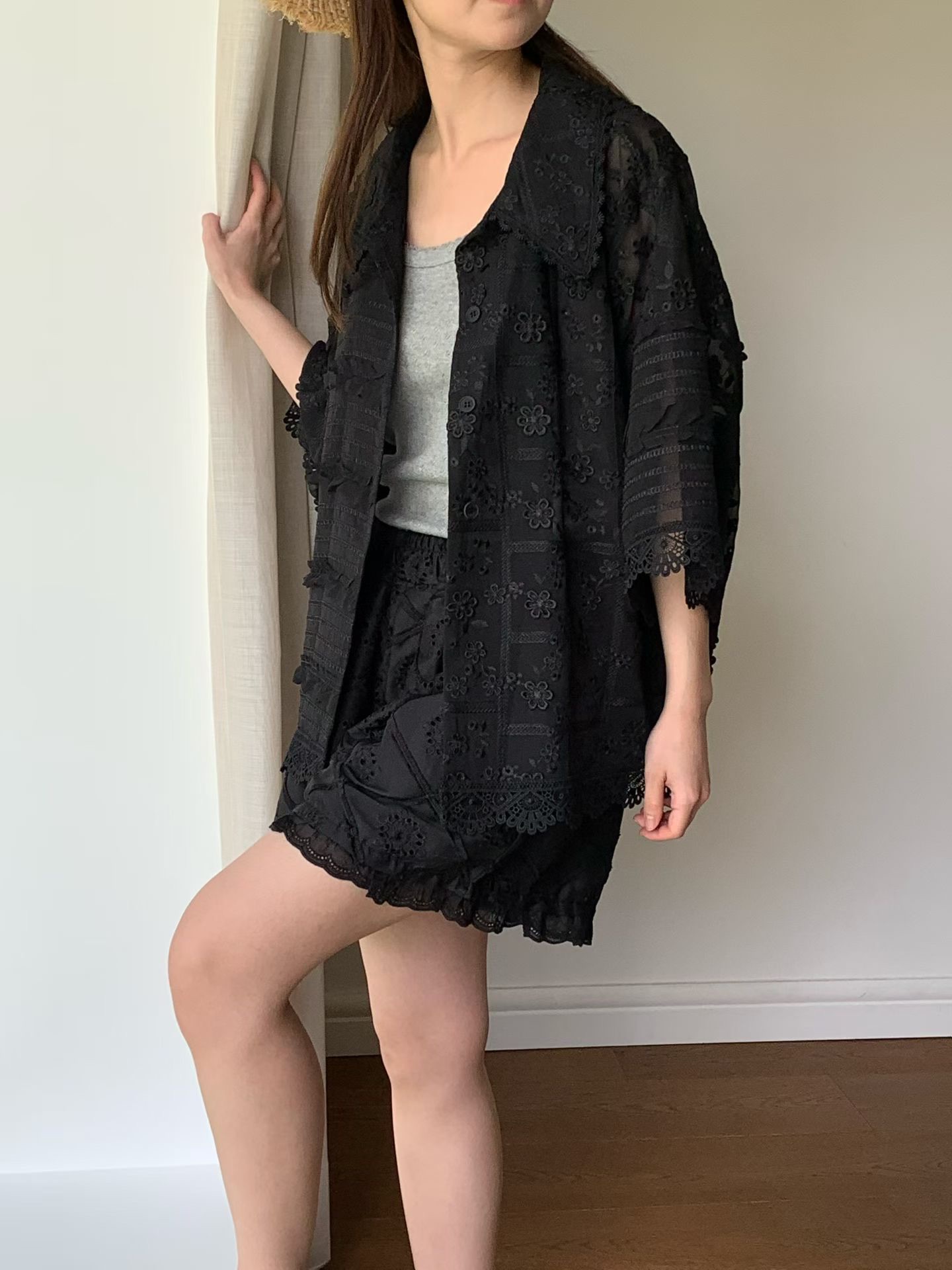 RT06 / MIXED RUFFLE LACE OUTER SHIRT