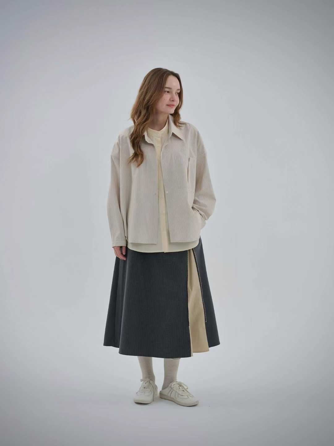 EMORY ZIP DETAIL PINSTRIPE SKIRT