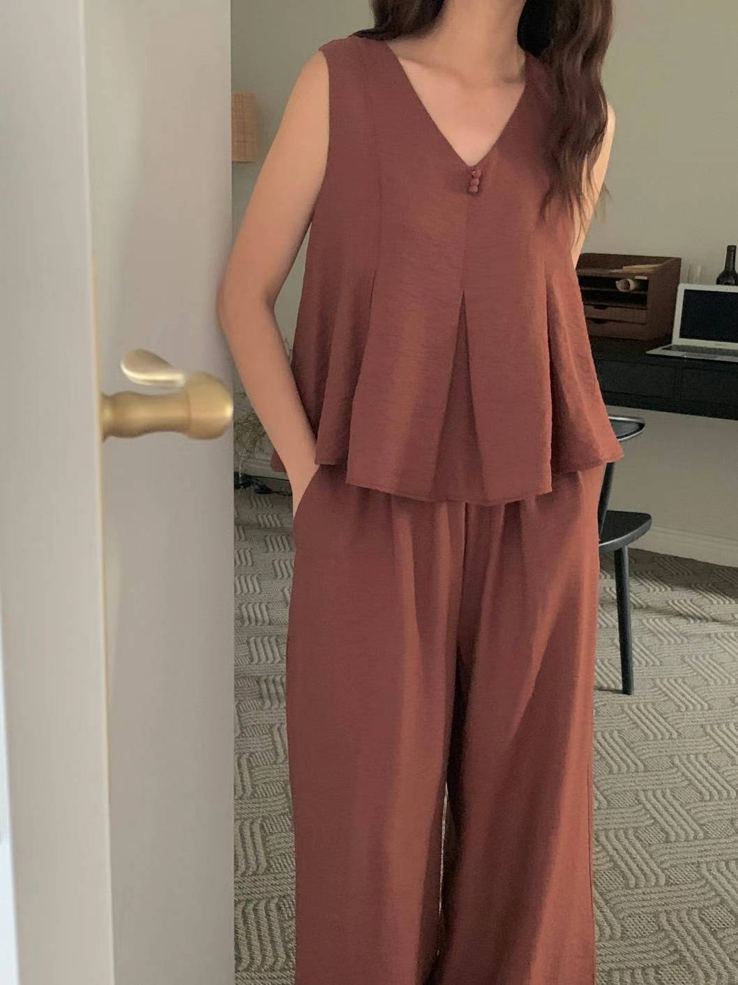 DANAE BUTTON FRONT FLARE TOP-SLACKS SET