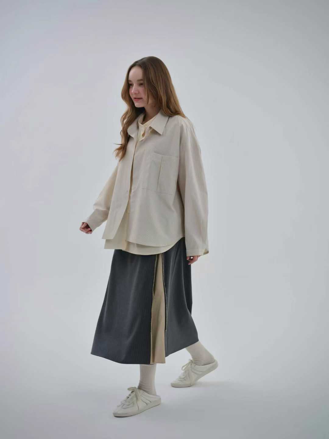 EMORY ZIP DETAIL PINSTRIPE SKIRT